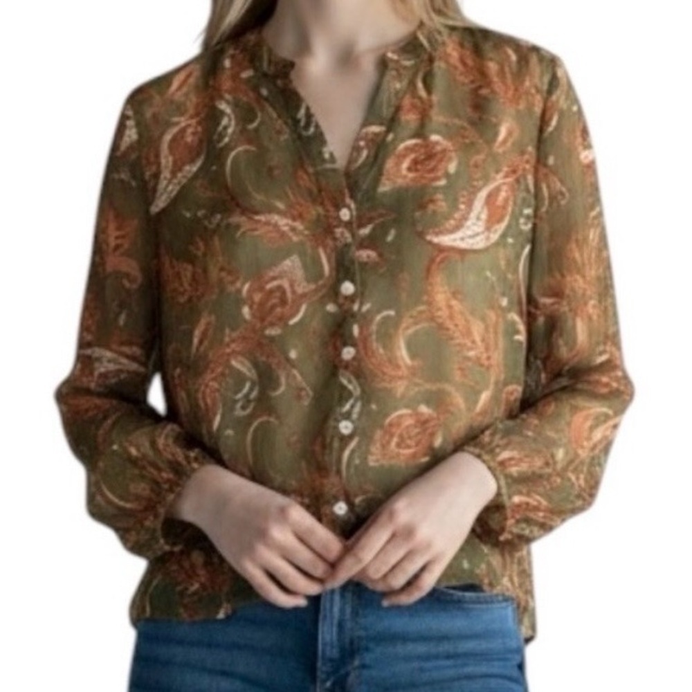 Frye | Olive and Rust Paisley Metallic Blouse with Cami | Sz M